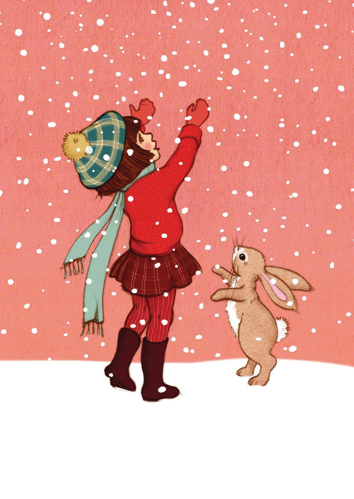 Postkarte Schneefangen, Mädchen und Hase im Schnee, illustriert von Belle & Boo