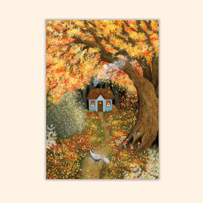 Herbstpostkarte von Asia Spettel, Haus im Herbstwald mit Silberfasan