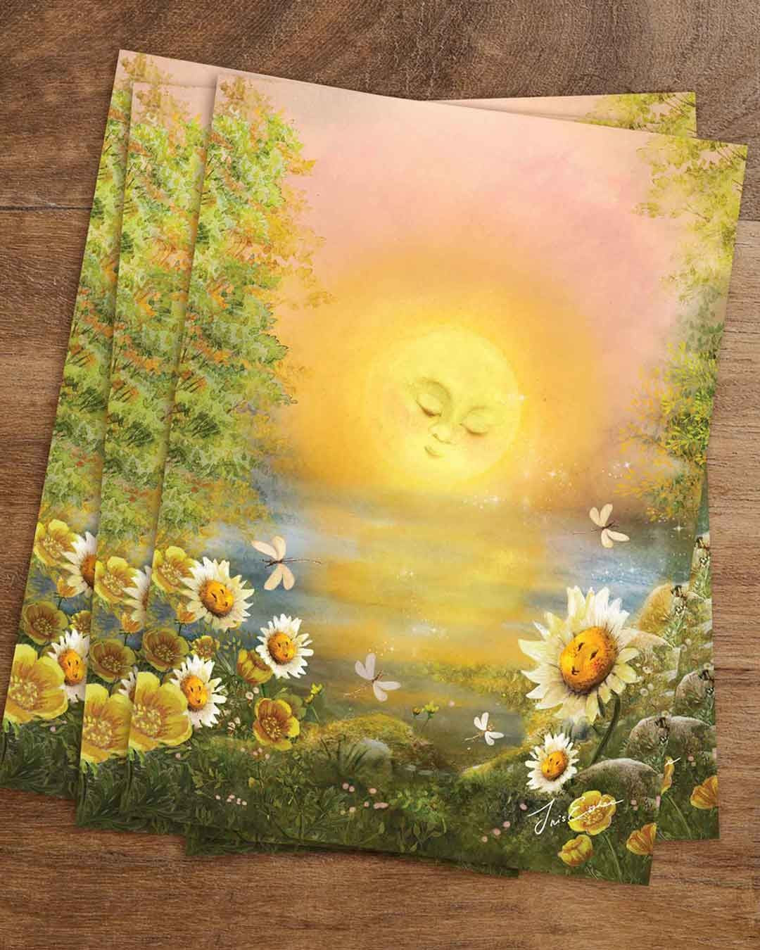 Sommer Postkarte Sommerabend PKSO342: Sonnenuntergang über See Blumen
Zeichnung von Iris Esther