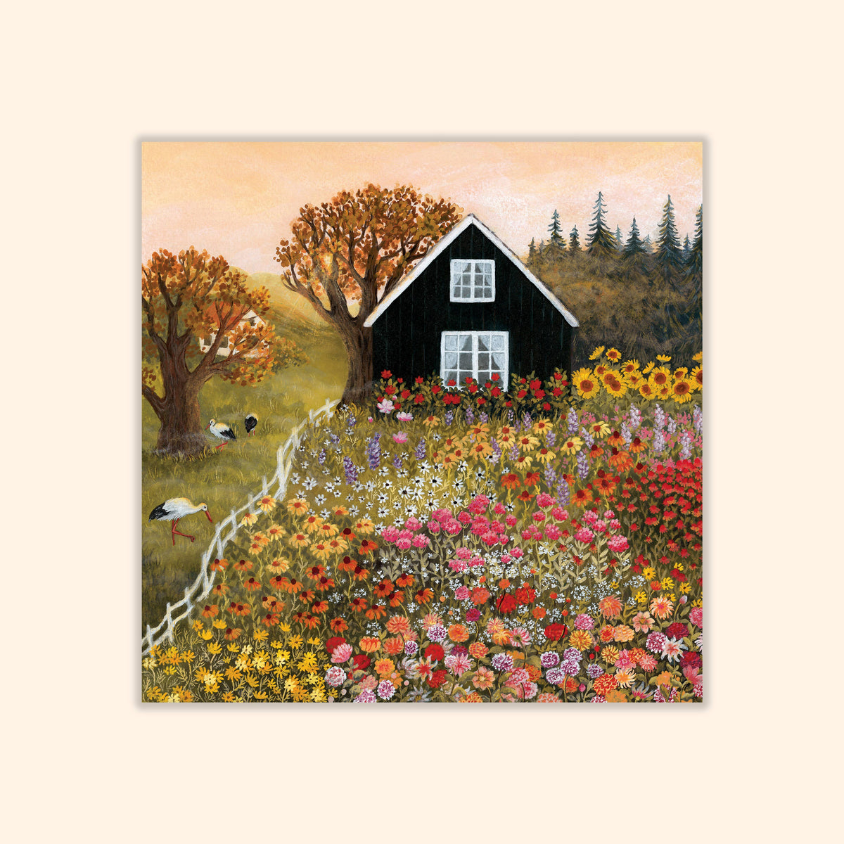 Postkarte Spätsommertage zeigt Blumen vor Haus, illustration von Asia Spettel