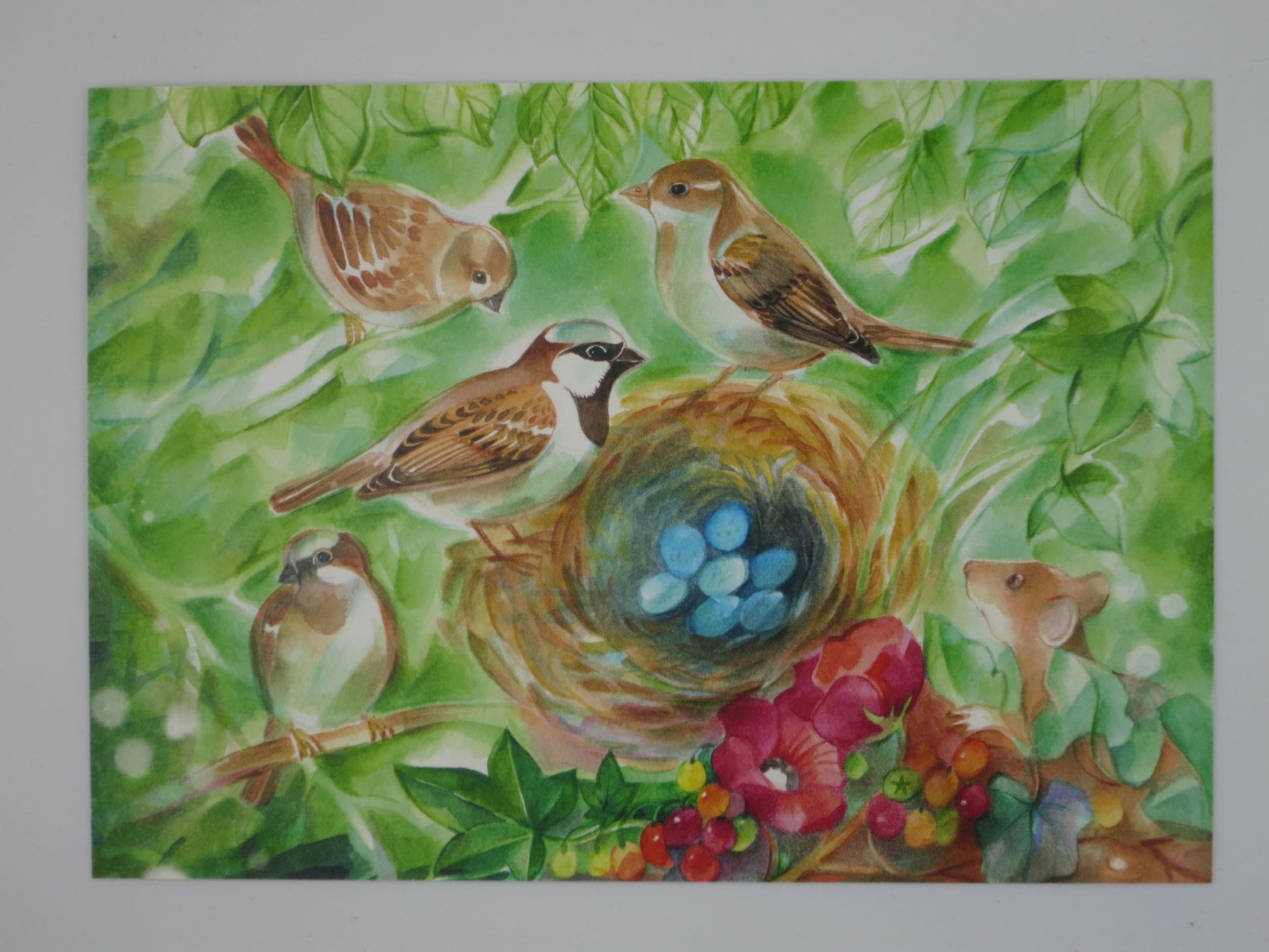 Frühling Postkarte Sperlingsfamiie PKFR240: Sperlinge um ein Nest mit Eiern
Zeichnung von Marie-Laure Viriot