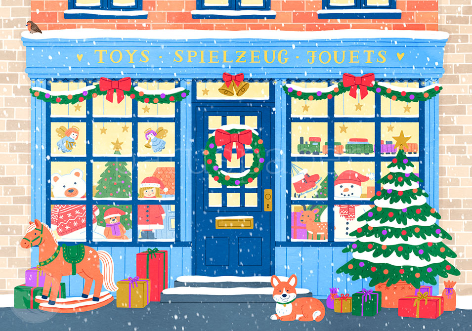 Weihnachts Postkarte Spielzeugladen im Schneegestoeber PKWei121: Spielzeuge im Schaufenster mit Schnee
Zeichnung von Ruby Warnecke