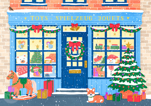 Weihnachtspostkarte Spielzeugladen im Schneegestöber PKWei121 im Querformat: blauer Spielwarenladen mit Schaukelpferd, Corgi und vollen Schaufenstern, Illustration von Ruby Warnecke