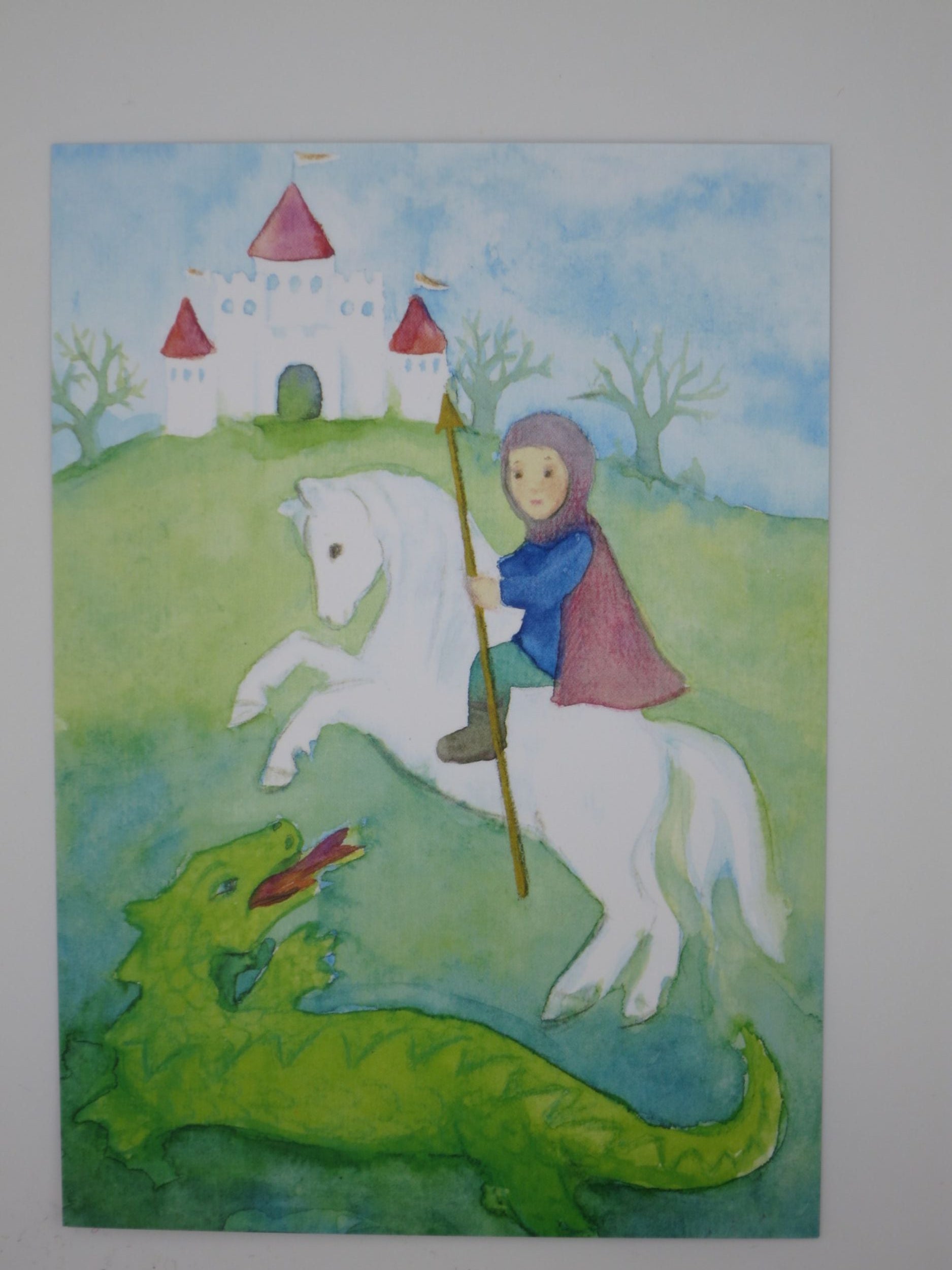 Waldorf Postkarte St Georg und der Drache von Anna Hunold: Ritter auf weissem Pferd gegen Drachen