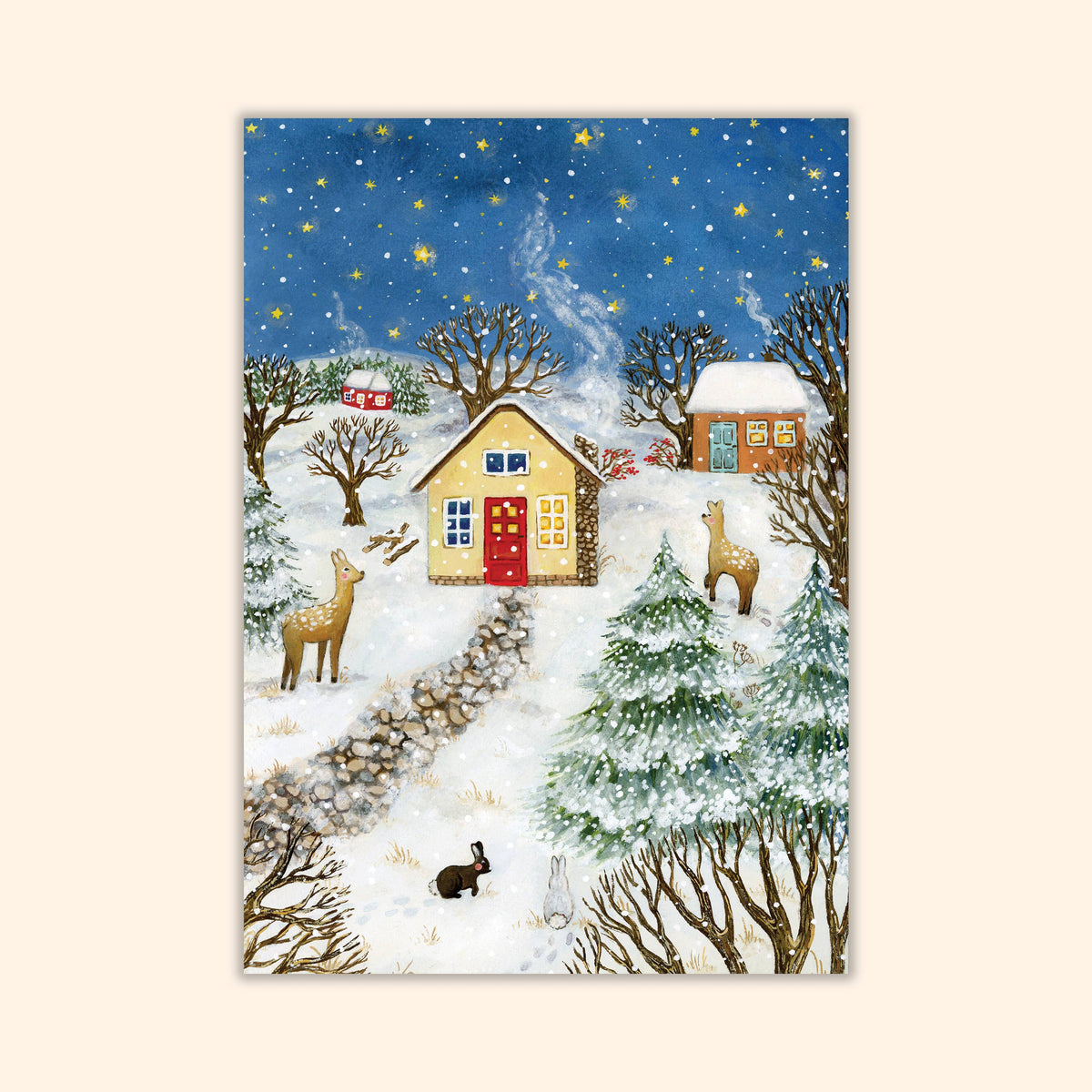 Postkarte Sternenklare Winternacht, Winternacht mit Haus und Tieren, illustriert von Asia Spettel