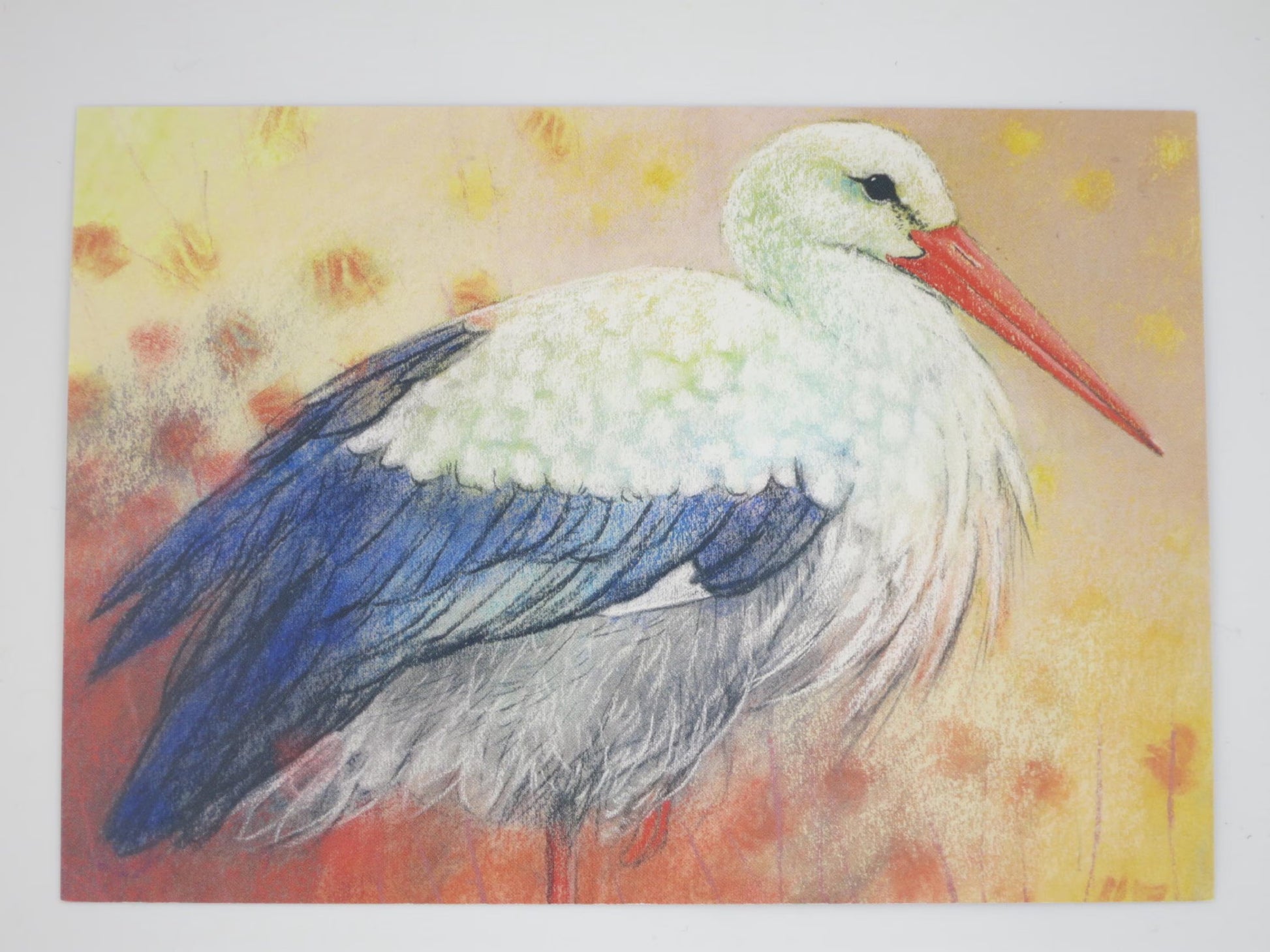 Waldorf Postkarte Storch von Loes Botman: Storch-Portraet mit rotem Schnabel