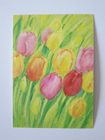 Waldorf Postkarte Tulpen von Marjan van Zeyl: buntes Tulpenfeld
