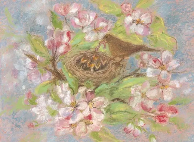 Waldorf Postkarte Vogelnest von Marjan van Zeyl: Vogel fuettert Kueken zwischen Apfelblueten