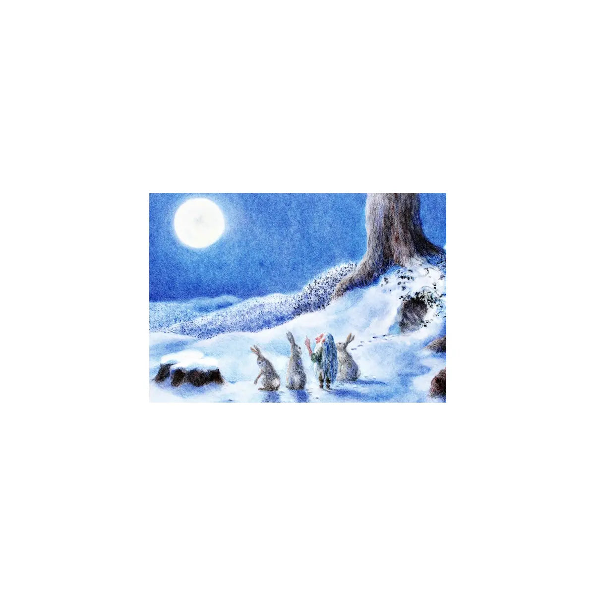 Postkarte Vollmond, Hasen und Zwerg im Schnee. Illustriert von Monika Speck