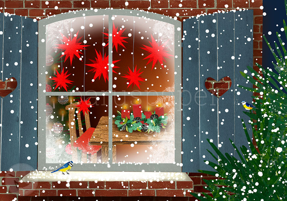 Weihnachts Postkarte Weihnachtliches Leuchten in der Stube PKWei120: Weihnachtsfenster im Schnee mit Sternen
Zichnung von Kerstin Ax