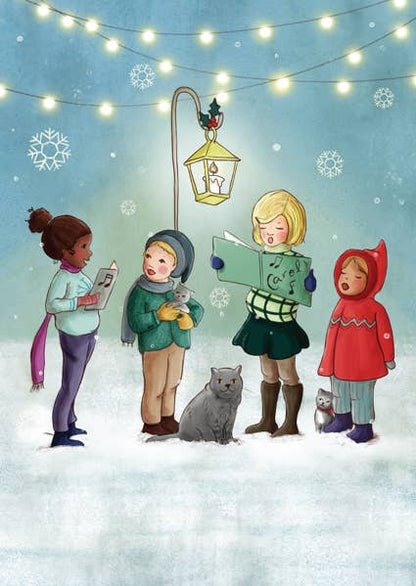 Winterpostkarte Weihnachtsliedersänger zeigt Kinder die singen, illustriert von Belle & Boo