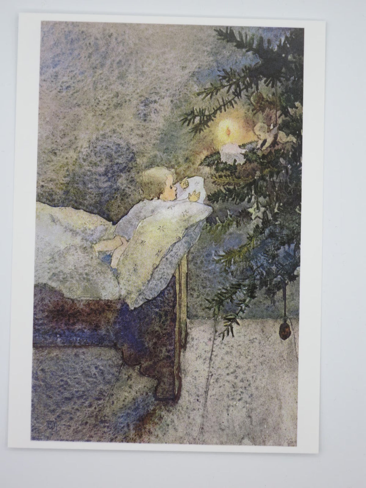 Postkarte Weihnachtsmorgen, Kind vor Weihnachtsbaum, gezeichnet von Mili Weber