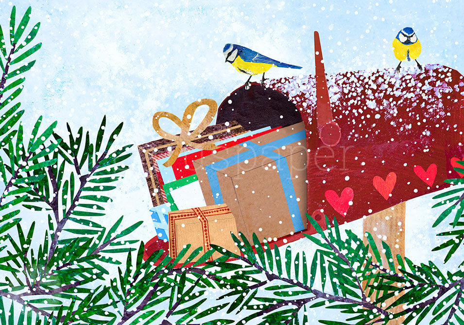 Weihnachts Postkarte Weihnachtspost PKWei123: Blaumeisen im Schnee auf Briefkasten
Zeichnung von Kerstin Ax
