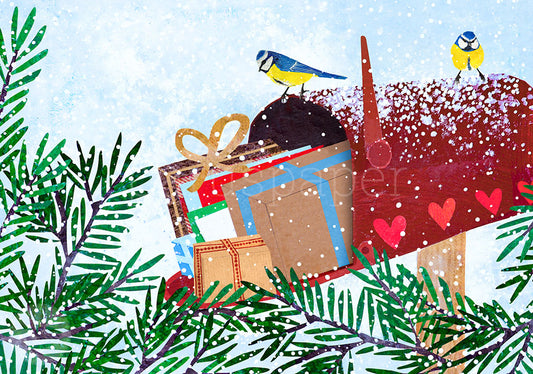 Weihnachtspostkarte Weihnachtspost PKWei123 im Querformat: roter Briefkasten voller Briefe und Päckchen mit zwei Blaumeisen im Schnee, Illustration von Kerstin Ax