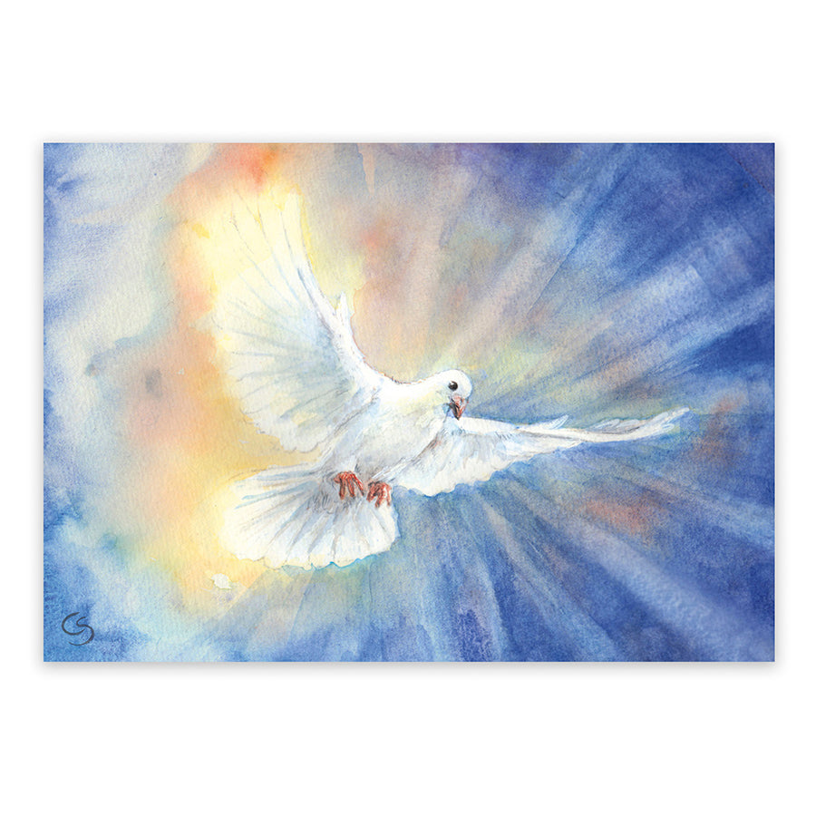 Postkarte Weiße Taube: Taube im Flug vor strahlendem Licht, Aquarell von Corinna Schwerdtfeger
