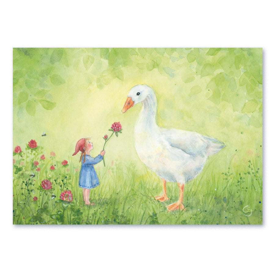Postkarte Wichtelmädchen und Gans zeigt Wichtel und Gans, illustrriert von Corinna Schwerdtfeger