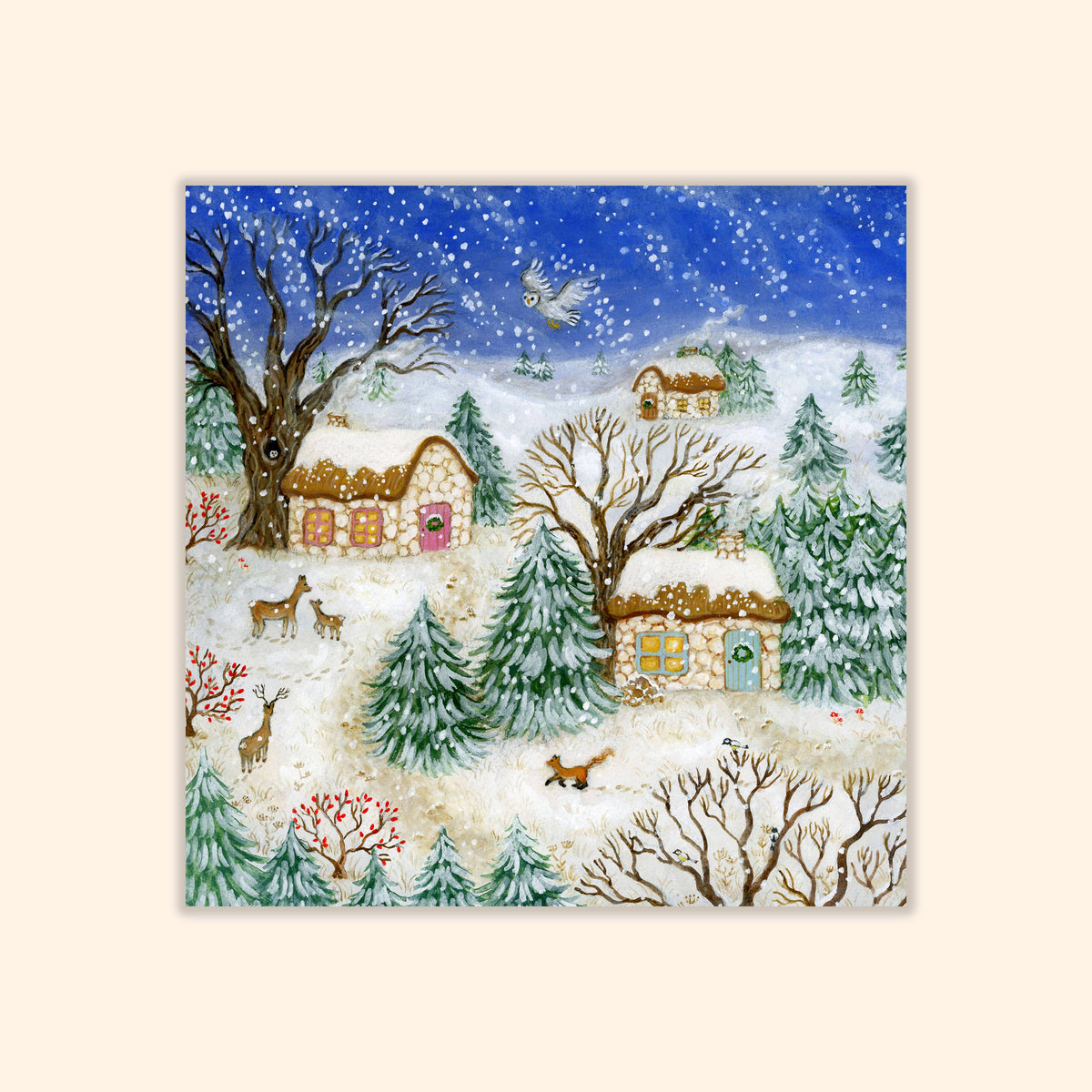 Postkarte Winter Wunderland, verschneite Winterlandschaft 12 x 12 cm, illustriert von Asia Spettel