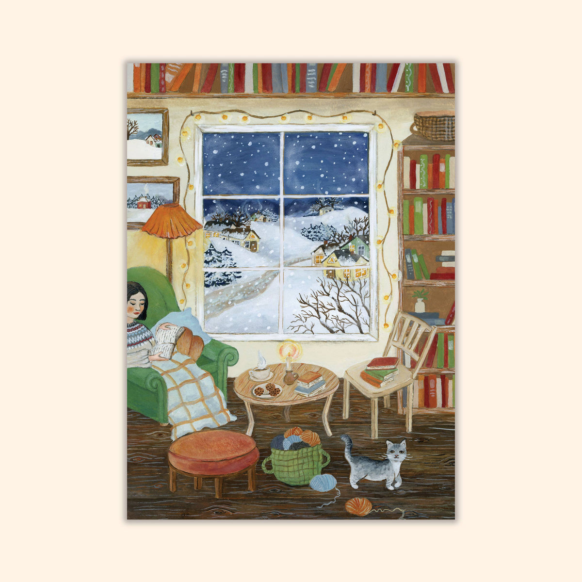 Postkarte Winterabende, Blick aus Fenster in Winterlandschaft, illustriert von Asia Spettel