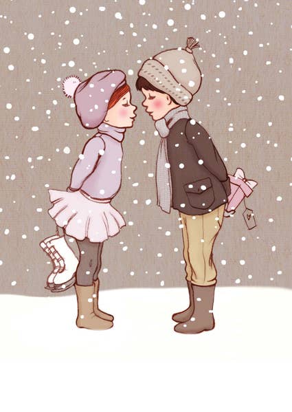 Postkarte Winterkuss zeigt Pärchen im Schnee, illustriert von Belle & Boo