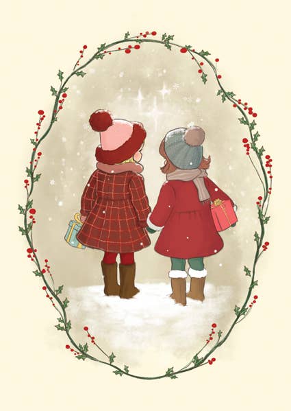 Postkarte Wintermädchen, zwei Mädchen im Schnee, von Belle & Boo