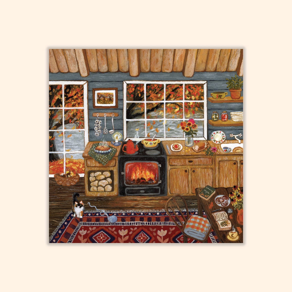Postkarte Zimtschnecken zeigt eine Küchenszene im Herbst. Illustration von Asia Spettel