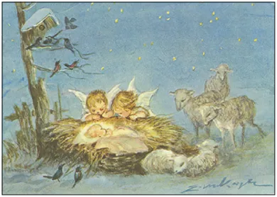 Postkarte Zwei Engel betrachten das Kind, Engel an der Krippe, illustriert von Erica von Kager