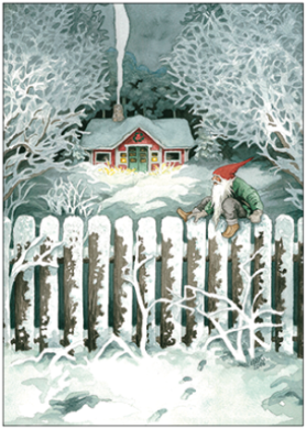 Postkarte Zwerg steigt über den Gartenzaun zeigt Zwerg im Winter, illustriert von Inge Löök
