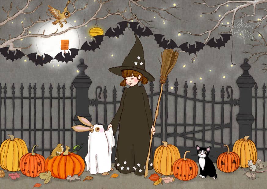 Postkarte Gruselige Nacht Halloween Hexe Kürbis und Geist - Illustreirt von Belle & Boo