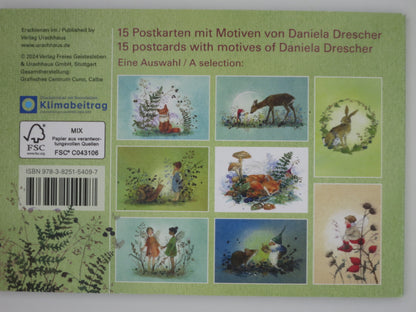 Rückseite des Postkartenbuchs Im Zauberwald von Daniela Drescher mit Motivübersicht