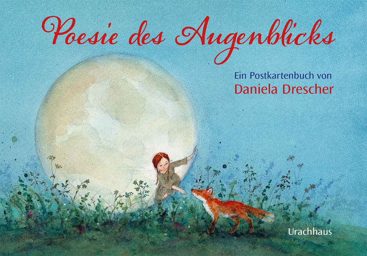 Postkartenbuch Poesie des Augenblicks von Daniela Drescher: Kind streckt sich nach Vollmond, Fuchs schaut zu