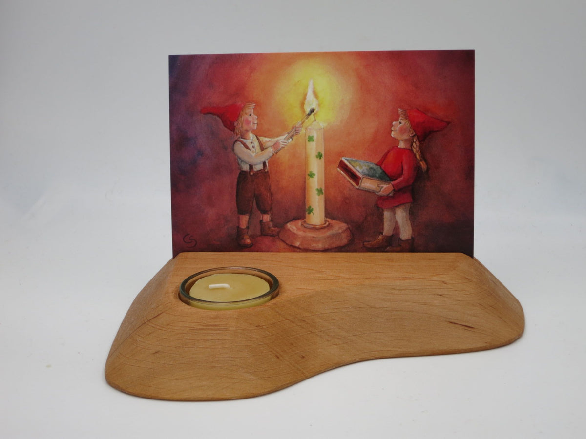 Postkartenhalter mit Kerze aus Holz - Kartenständer mit Glaseinsatz