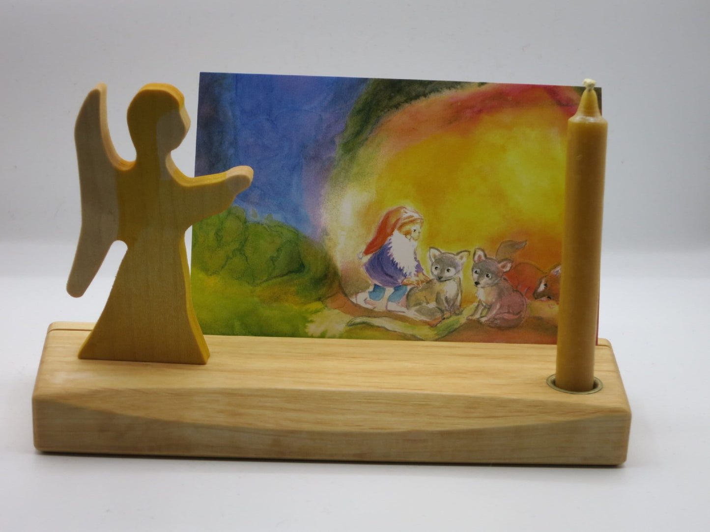 Postkartenhalter mit Engel aus Holz - Kartenständer mit Kerzenhalter