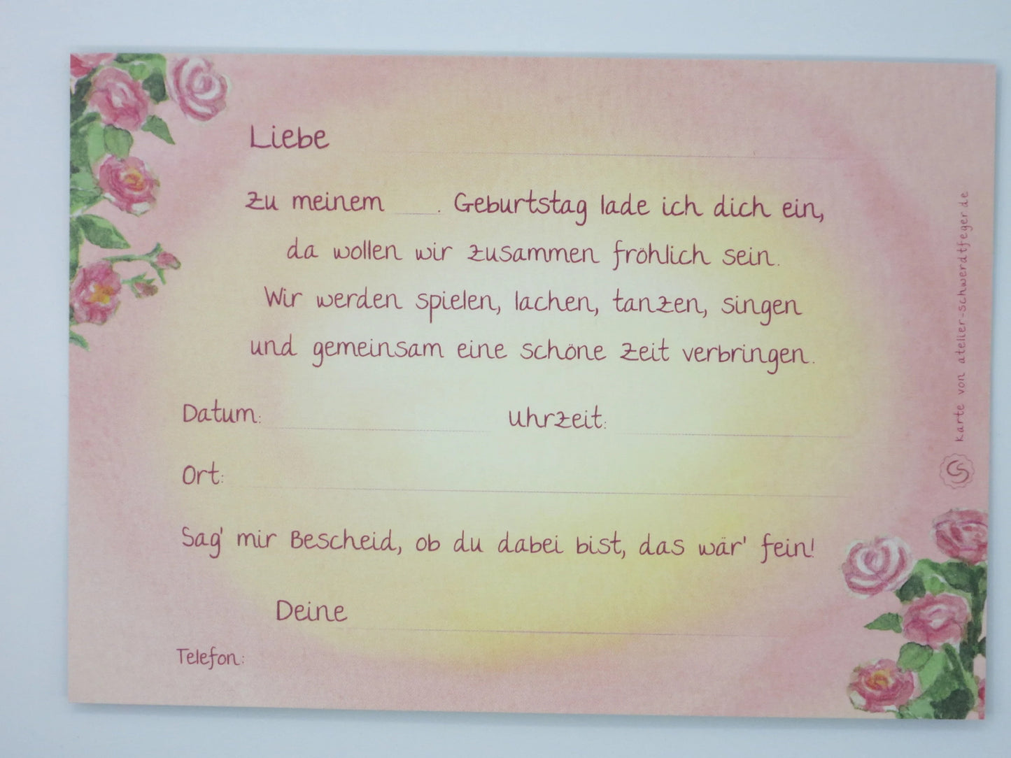 Rückseite der Prinzessin-Einladungskarte mit Reim und Ausfüllformular – Einladungskarte GK31