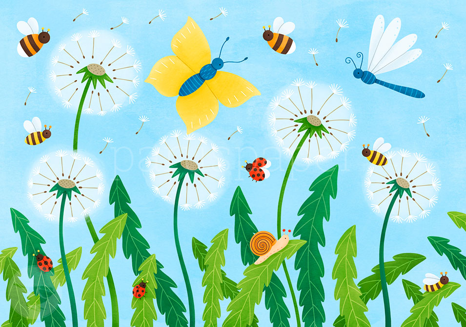 Waldorf Postkarte Pusteblumenwiese von Ruby Warnecke: Pusteblumen mit Bienen, Schmetterling und Libelle