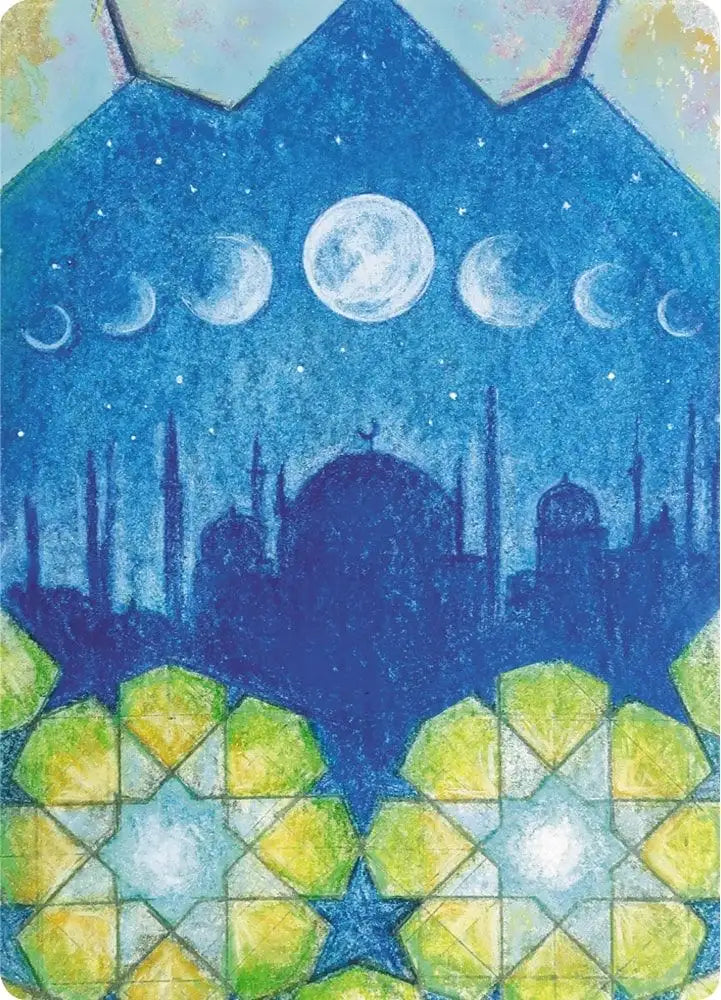 Waldorf Postkarte Ramadan Mubarak von Geertje Kapteijns – Moscheen-Silhouette mit Mondphasen