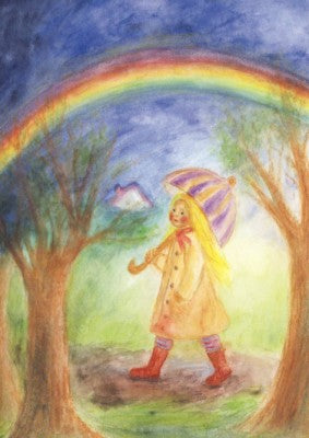 Mädchen mit rotgestreiftem Schirm und gelbem Mantel geht auf einen Regenbogen zu, Waldorf Postkarte von Ilona Bock, Art. PKFR18