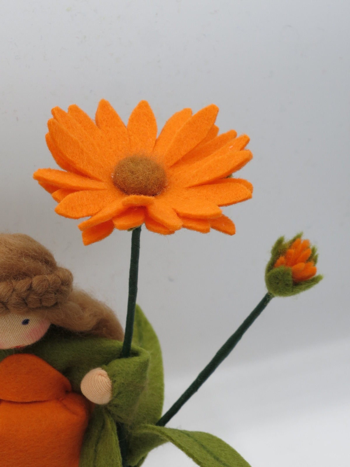 Rückansicht der Ringelblumen-Figur mit Blüte und Knospe an separaten Stielen.