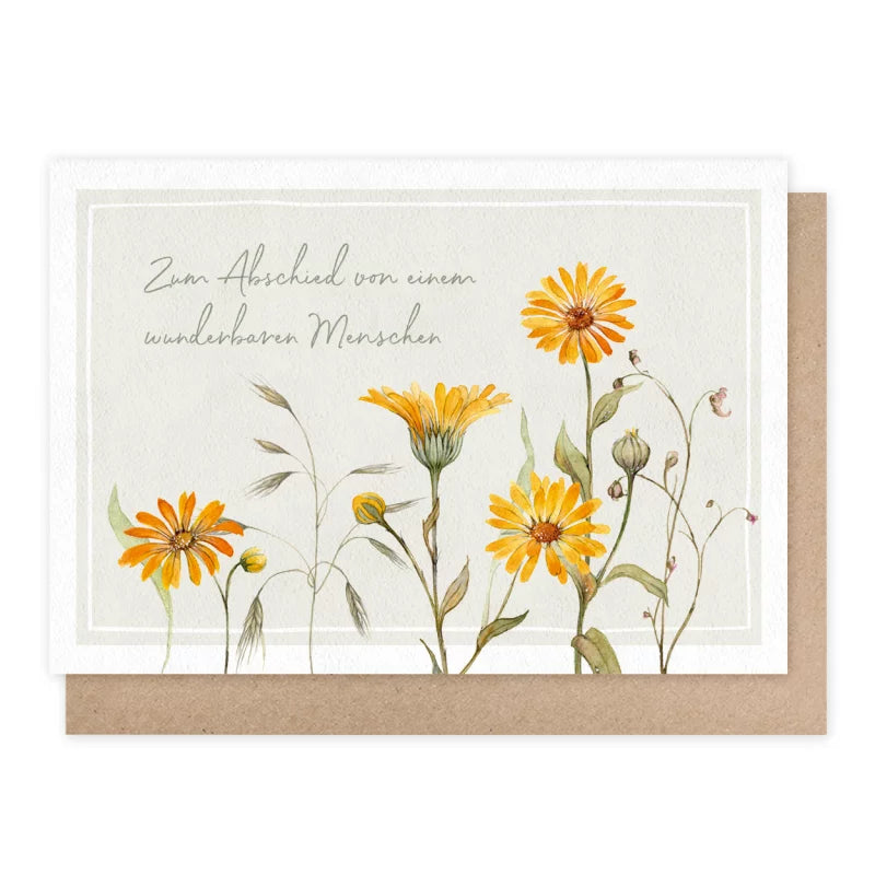 Beileidskarte mit Ringelblumen und dem Text Zum Abschied von einem wunderbaren Menschen – Doppelkarte PKGR29