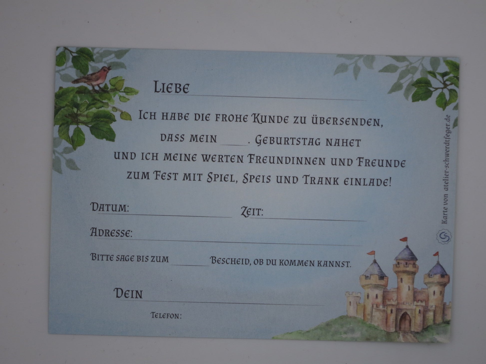 Rückseite der Ritter-Einladungskarte mit vorgedrucktem Formular für Datum, Uhrzeit und Adresse – Geburtstagseinladung GK29