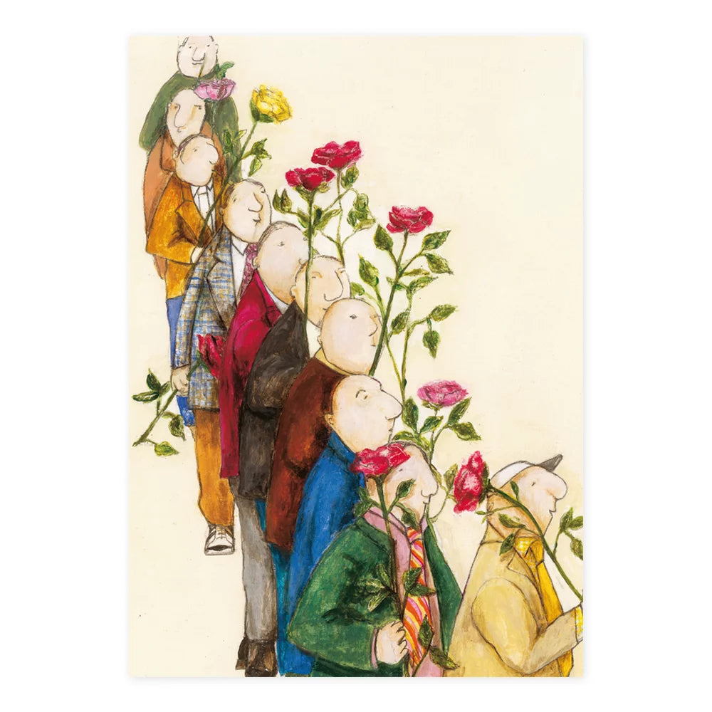Postkarte mit einer Reihe von Männern, die jeweils eine Rose hochhalten – Gratulanten PKGR8