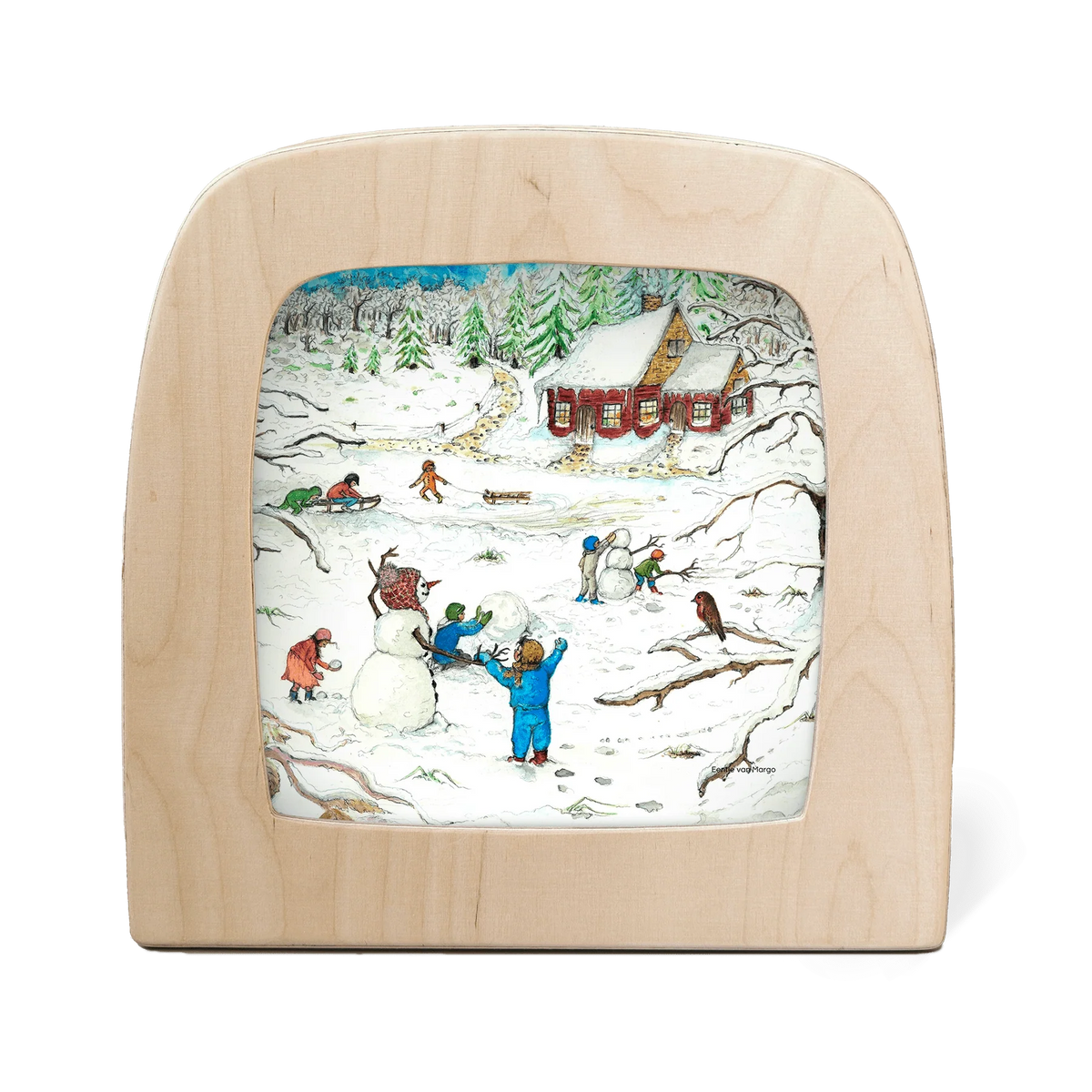 Toverlux Motiv Rotes Häuschen im Winter MO198: Kinder bauen Schneemänner und rodeln vor einem roten Holzhaus im verschneiten Tannenwald, Rotkehlchen auf einem Ast, Illustration von Eentje van Margo, für den Jahreszeitentisch im Winter