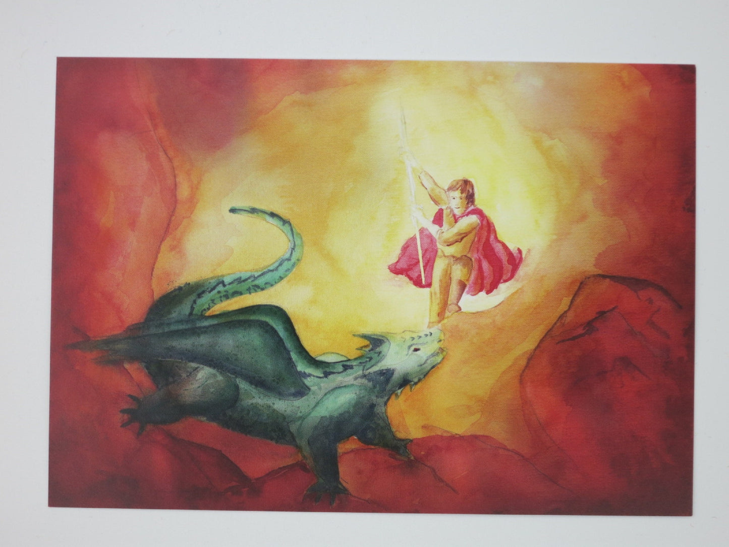 Aquarell-Postkarte Sankt Michael mit Lanze und Drache, Karin Greisner, Art. PKHE74