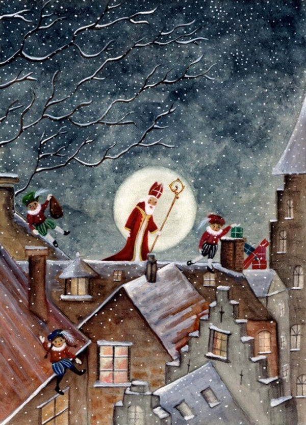 Postkarte Sankt Nikolaus auf dem Dach von Bijdehansje – Nikolaus mit Helfern auf verschneiten Dächern, PKWI223