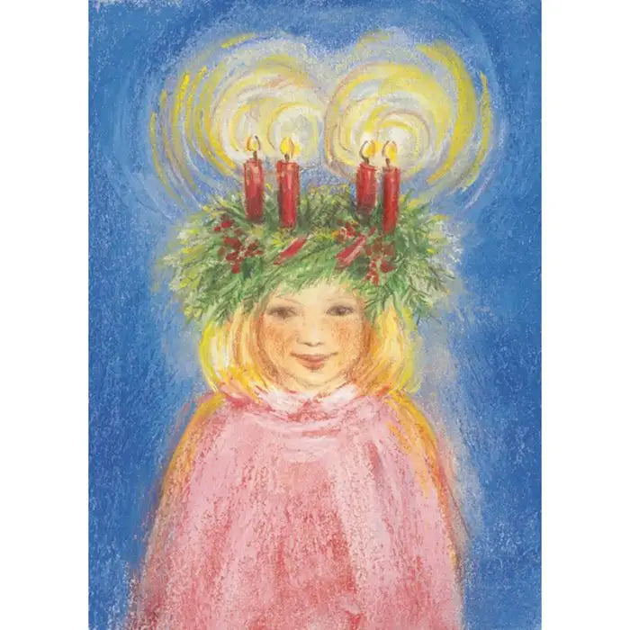 Postkarte Santa Lucia von Marjan van Zeyl, Maedchen mit Kerzenkranz zum Luciatag
