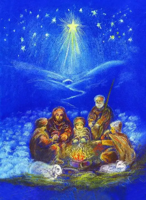 Postkarte Schaefer in Winternacht von Marjan van Zeyl, Hirten am Feuer unter Sternenhimmel