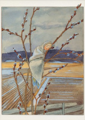 Schlaf du kleines Weidekind – Waldorf Postkarte von Elsa Beskow für den Jahreszeitentisch im Frühling