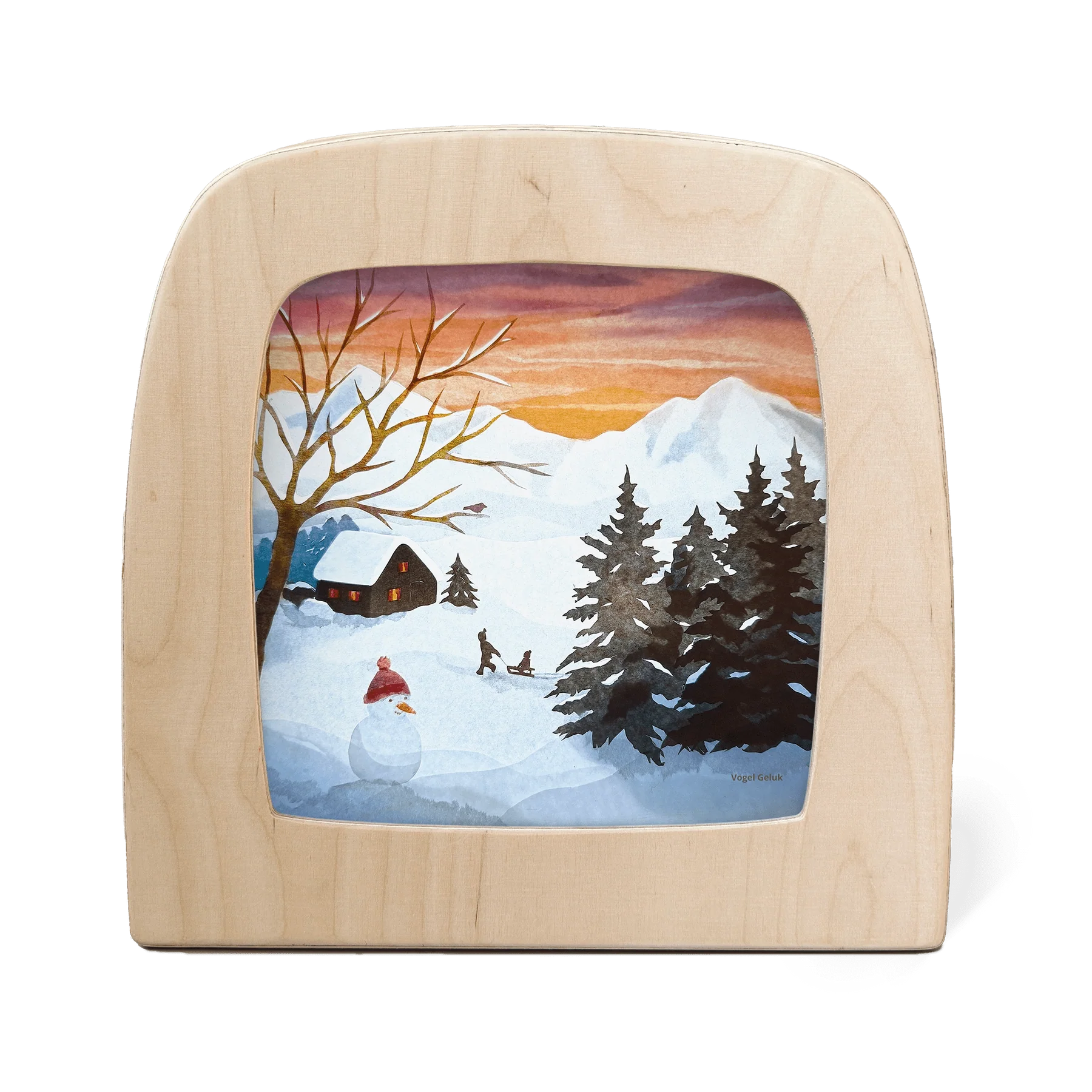 Schlittenlied Toverlux Motiv MO9: verschneite Winterlandschaft im Abendrot mit Schneemann, Hütte und Kindern am Schlitten – Vogel Geluk, für die Magische Lampe und den Jahreszeitentisch