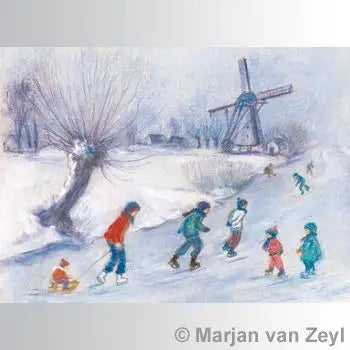 Postkarte Schlittschuhvergnuegen von Marjan van Zeyl, Kinder laufen Schlittschuh vor hollaendischer Windmuehle