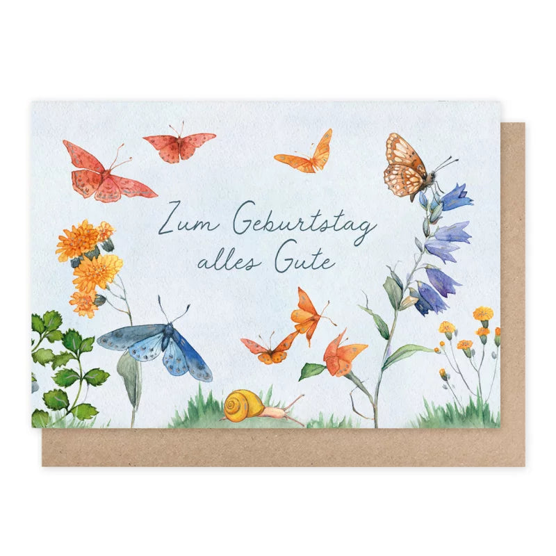 Geburtstagskarte mit Schmetterlingen, Glockenblumen, Ringelblumen und einer Schnecke – Zum Geburtstag alles Gute GK16