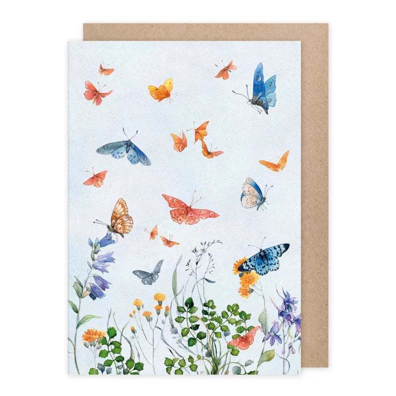 Doppelkarte mit Schmetterlingsschwarm über Glockenblumen und Ringelblumen – Schmetterlingswiese PKGR33
